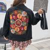 Vintage Oversized Multi Floral Embroidered Denim Jacket Women Cowboy Long Sleeve Lapel Casual Denim Coat Streetwear Outwear