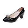 Single Shoes Women's Versatile Work High Heels Spring and Autumn Thick Heel Middle Heel Bow Patent Leather Nude Women's Rhinestone Single Leather Shoe