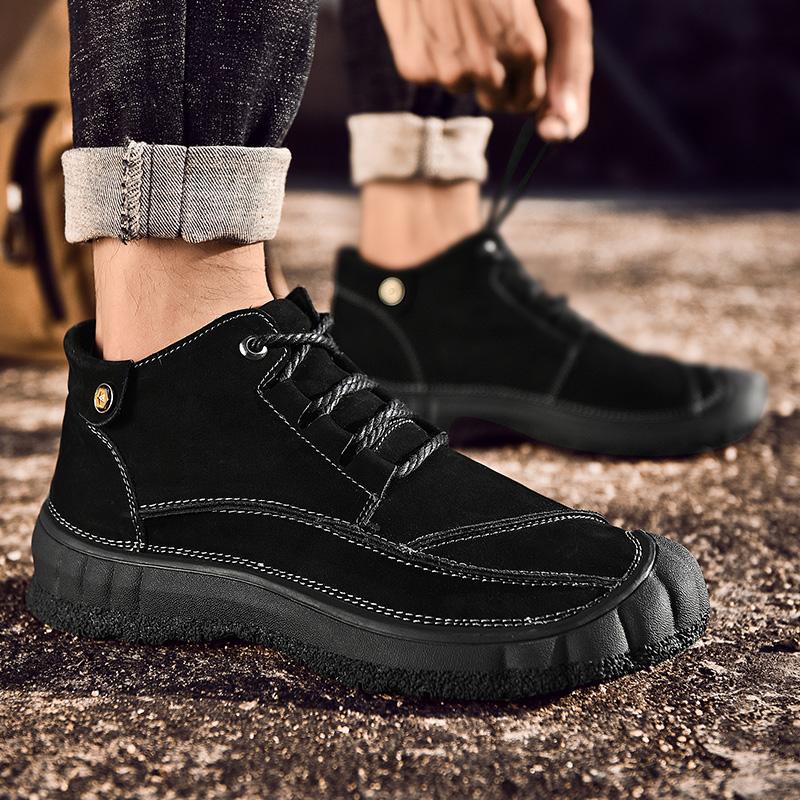 Men'S Casual Shoes Retro Winter Plush Ankle Boots Lace-Up Genuine Leather Outdoor Men'S Boots High Quality Antiskid Cowboy Botas