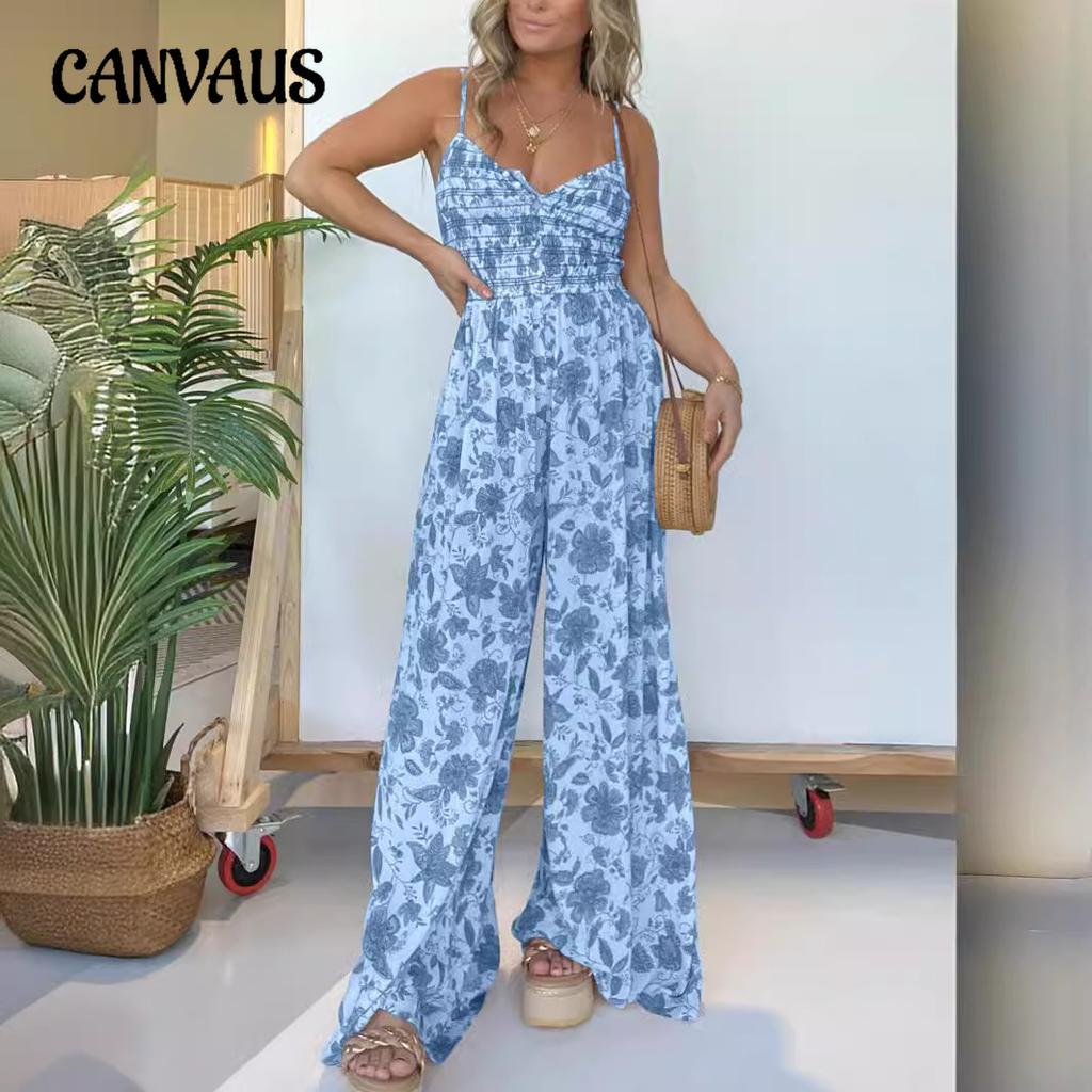 Summer Women's Jumpsuit Floral Halter One-piece Wide-leg Pant