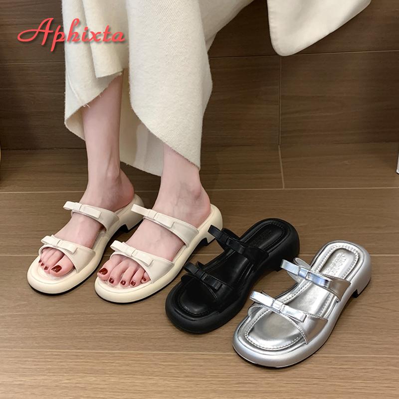 Fashion Aphixta Fashion Straps Summer Beach Shoes 4.5cm Square Heels Slippers Women Sweet Bow Mulers Outside Summer Sandals Shoe Slides