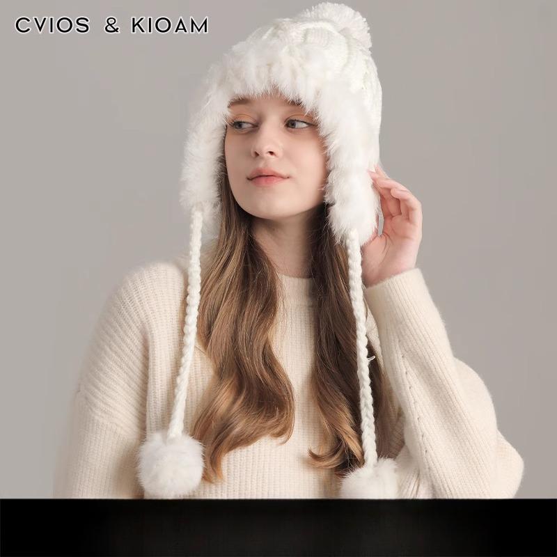 New Korean Winter Pullover Hat for Women Plus Velvet Thick Plush Knitted Outdoor Warm Wool Ball Ear Protection Hat