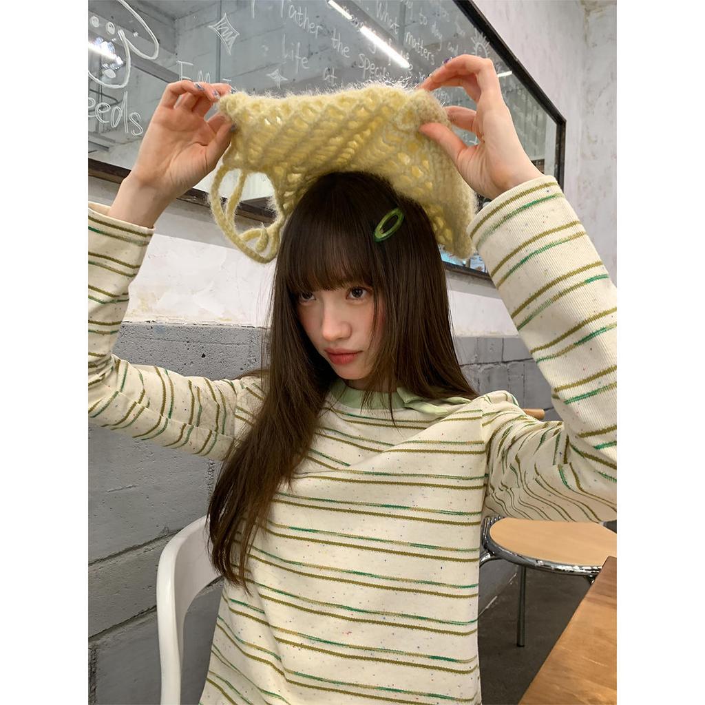 Women's Crew Neck Long Sleeve T Shirt Loose Fit Striped Cotton Bow Decor Soft Washed Fabric Casual Layering Top Spring Autumn Basic Tee