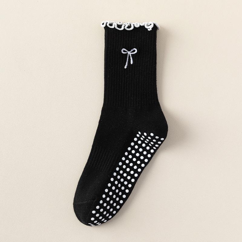 Women's Non-Slip Mid-Calf Pilates Yoga Socks with Bow Embroidery