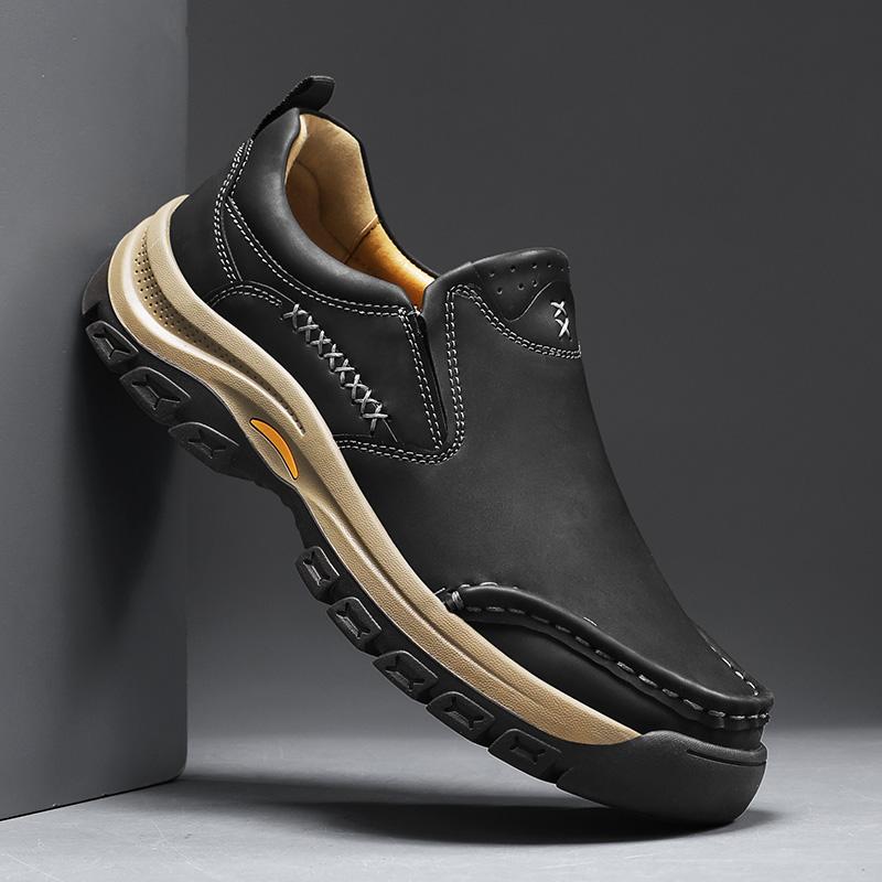 Retro New Black Brown Loafers Men's Thick-soled Outdoor Hiking Leather Casual Shoes Male Slip On Walking Footwears
