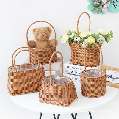Hand-woven Imitation Rattan Basket for Flowers, Picnic, and Storage