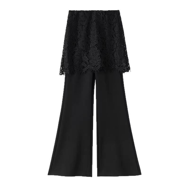 Lace Patchwork Two-Piece Look Micro-Flare Pants for Women - Black High-Waisted Slimming Body-Shaping Trousers, Spring 2026 Arrival