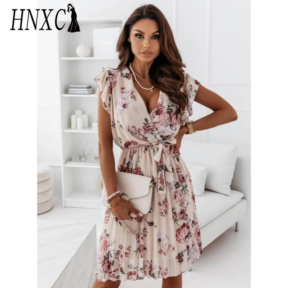 HNXC Loose Summer Pleated Women Midi Dress V Neck High Waist Casual Dress