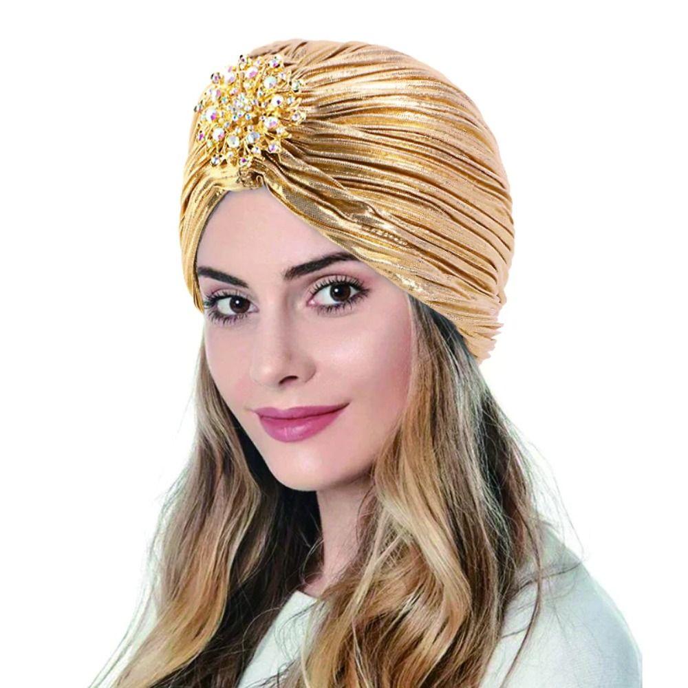 Women Chemo Bandana Hijab Fashion Pleated Indian Cap New Diamond Jewel Turban Hats
