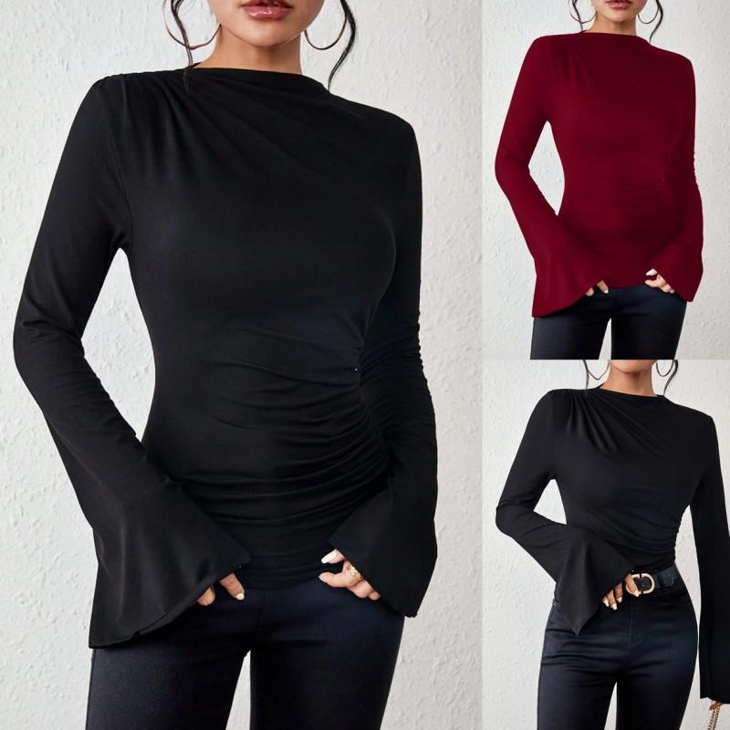 Fall 2025 Slim Fit Solid Color Long Sleeve T-Shirt Women Casual Versatile Flared Top