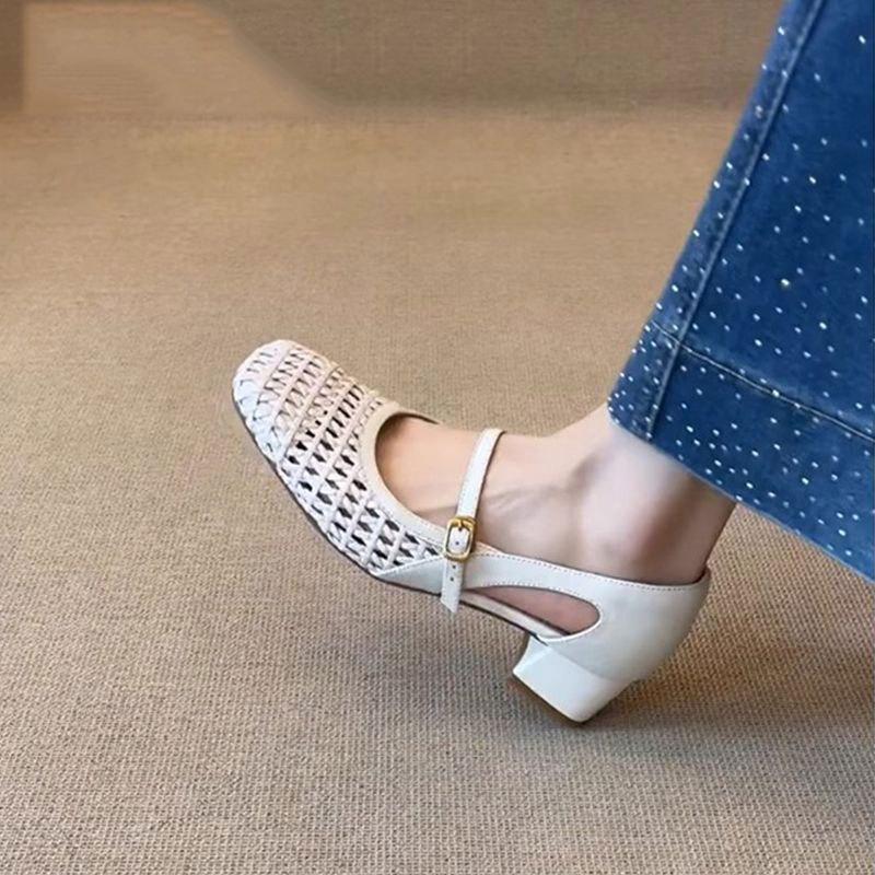 Super Soft Leather~ French Cool Single Shoes Women's Woven Hollow Hole Shoes Retro Shallow Mouth Side Hollow Breathable Mary Jane Shoes