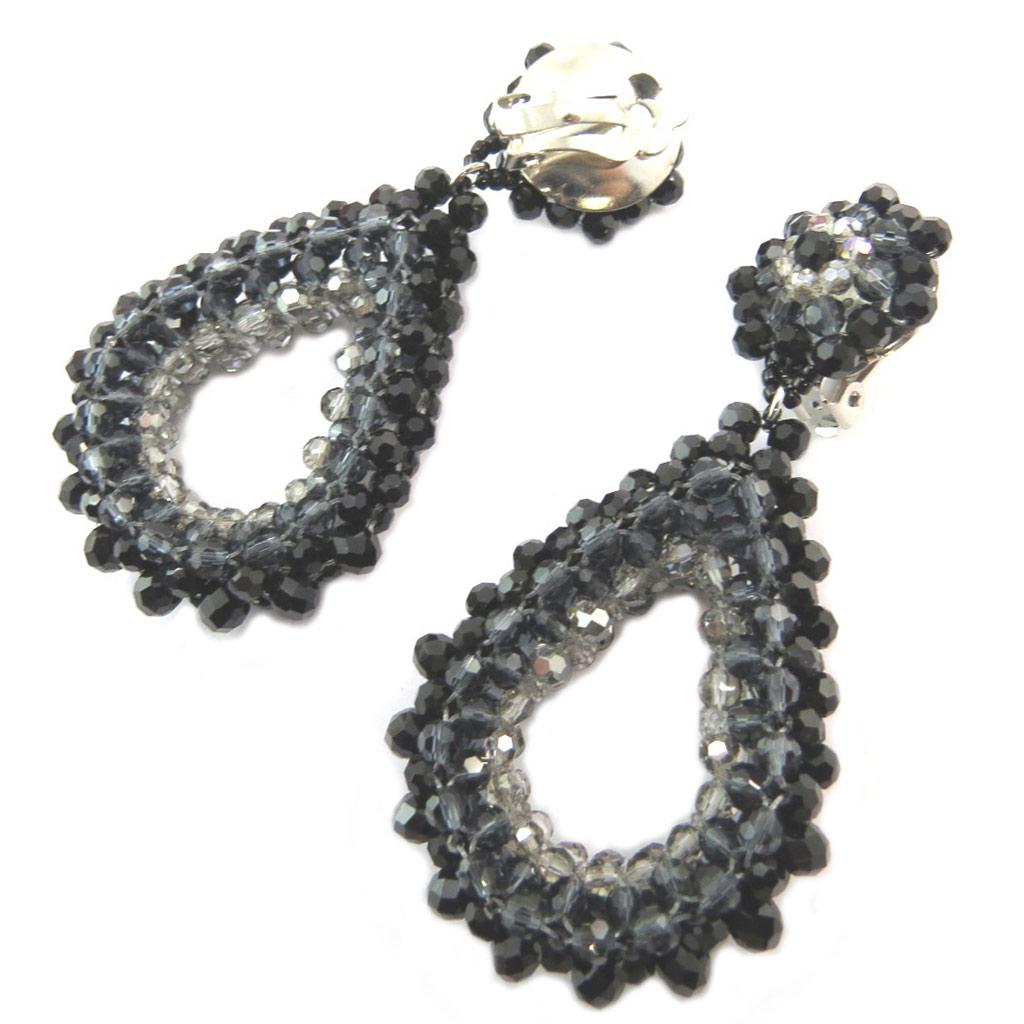 Lily-Crystal [P3694] - Clips d'oreilles artisanales 'Callas' gris noir - 8x4 cm