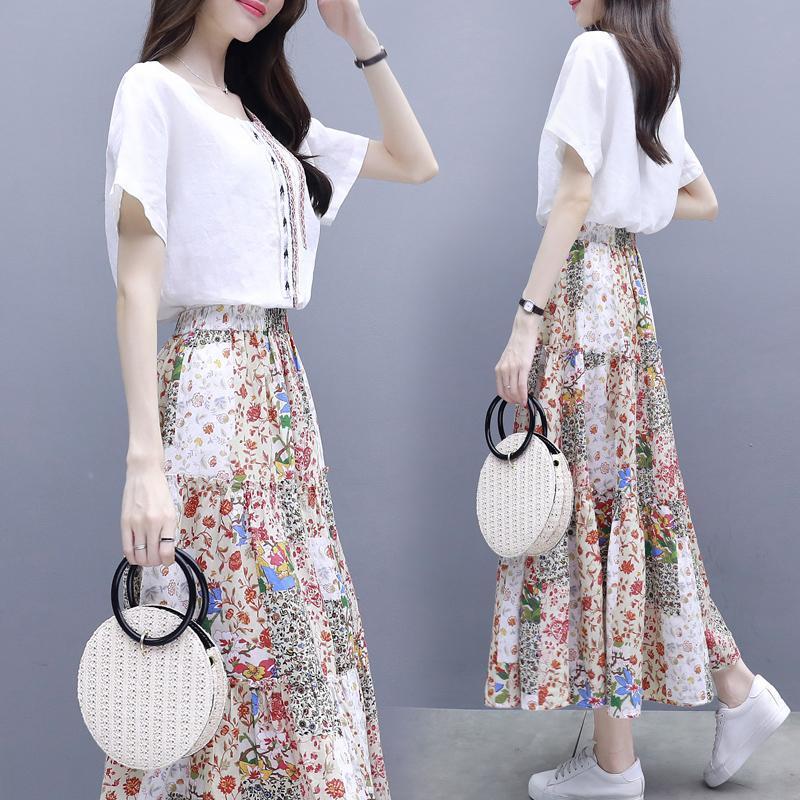 Skirt Suit Female Summer Suit Skirt Two-piece Round Neck Short-sleeved Shirt + A-line Skirt Sweet and Lovely Elegant Temperament