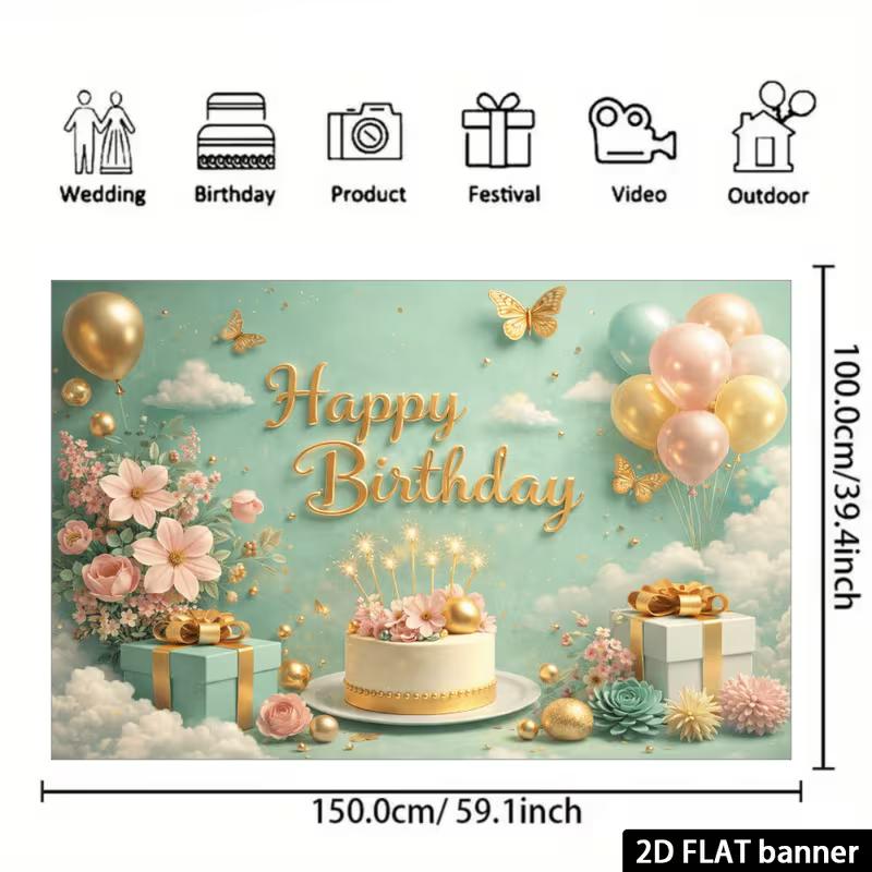 2D Mint Green Gold Butterfly & Cake Happy Birthday Backdrop Banner Photo Booth