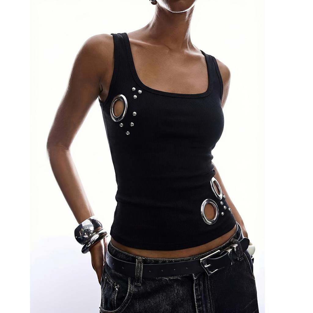 Women Sleeveless Tank Top Pullover Ribbed Knit Casual Summer Vest with Metal Ring Studded Detail Slim Fit