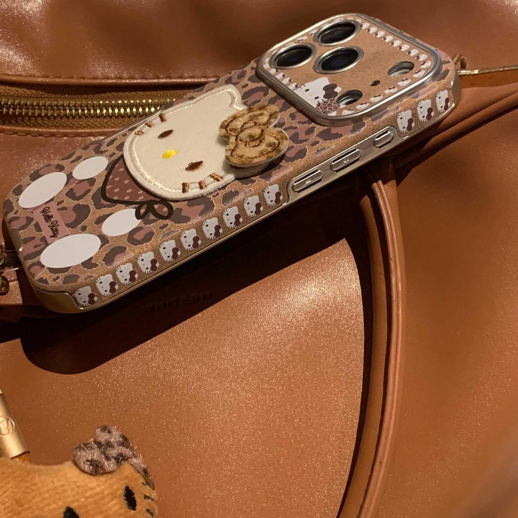 Hello Kitty 3D Brown Leopard Print Scarf Case for iPhone 17/16 Pro Max/15/14