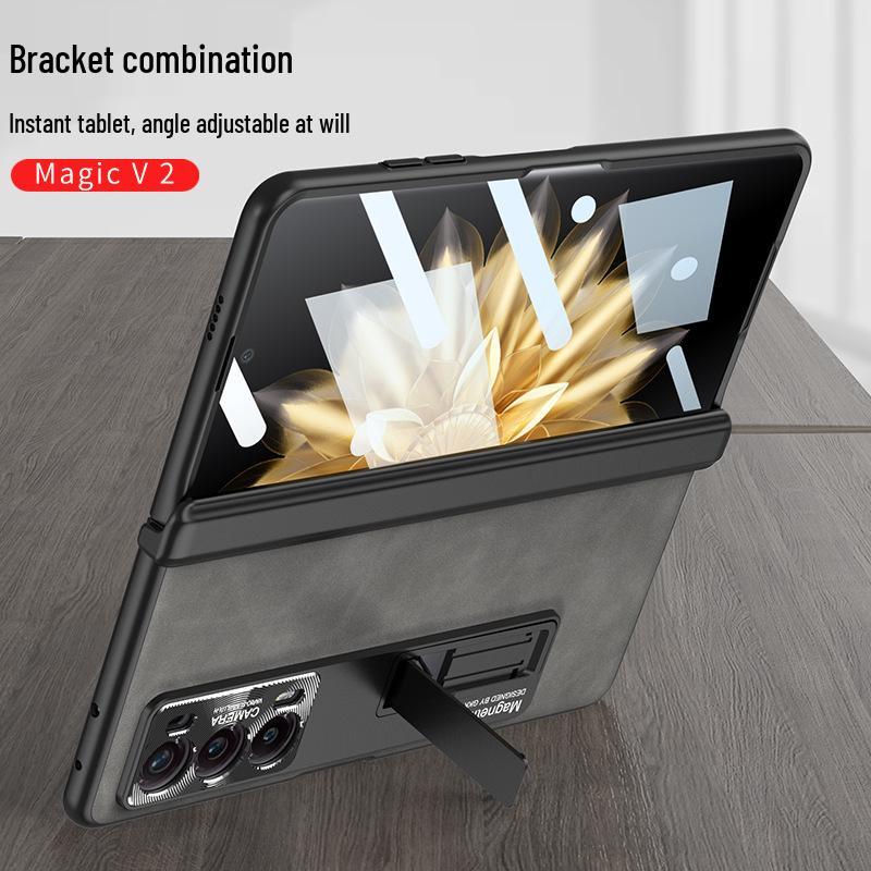Honor MagicV2 Folding Screen Magnetic Hinge Leather Phone Case - Anti-Fall Full Shell Protection, Fashionable Design