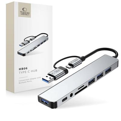 Tech-Protect Hb06 Hub-Adapter 8In1 Typ-C + Usb2.0 + Usb3.0 + Sd/Tf + Av3.5 Space Grau