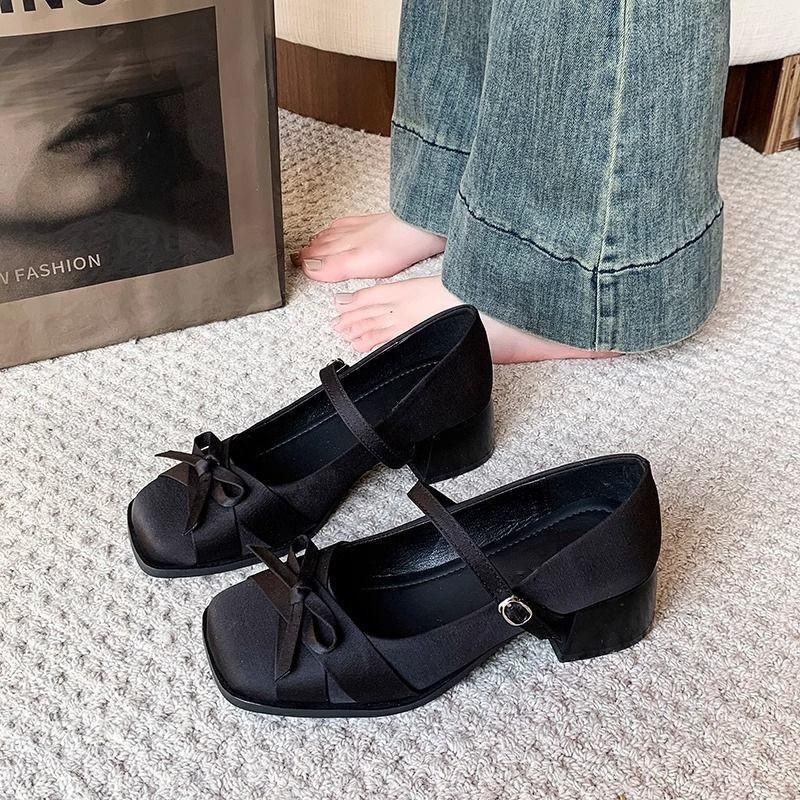 

2025 новая весна, лето и осень средний каблук нежные слова с Мэри Джейн легкий вырез удобные одинарные туфли толстый каблук высокие каблуки женщины 40 чёрный