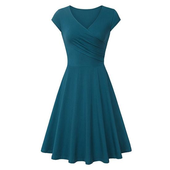 Fashion Women Solid Color V Neck Short Sleeve Plated Swing Party Banquet Dress