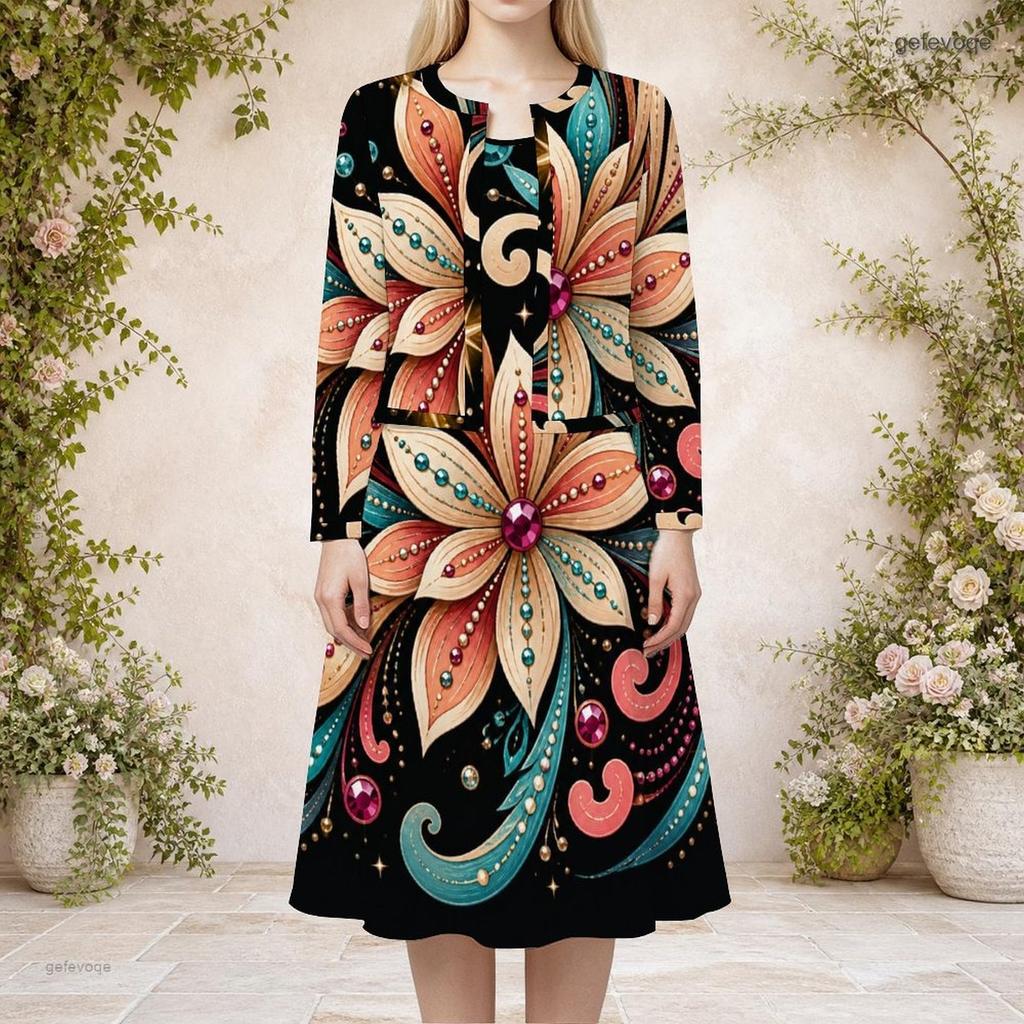 Women Plus Size Black Gold Printed Round Neck Long Sleeve Cropped Cardigan Two Piece Dress Set