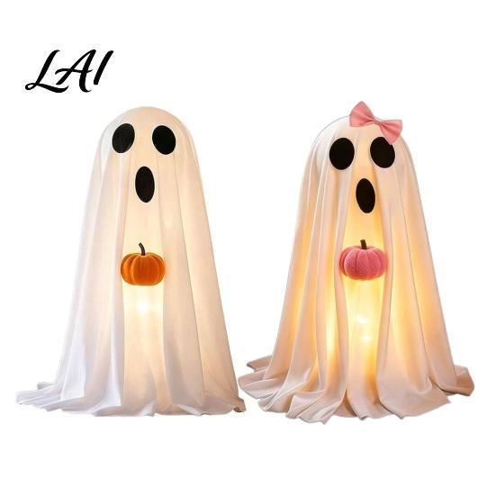 Spooky Seasonal Atmosphere Halloween Ghost Decoration Light-Up White with Pumpkin Indoor Children Party Favors Cute Standing Tabletop for