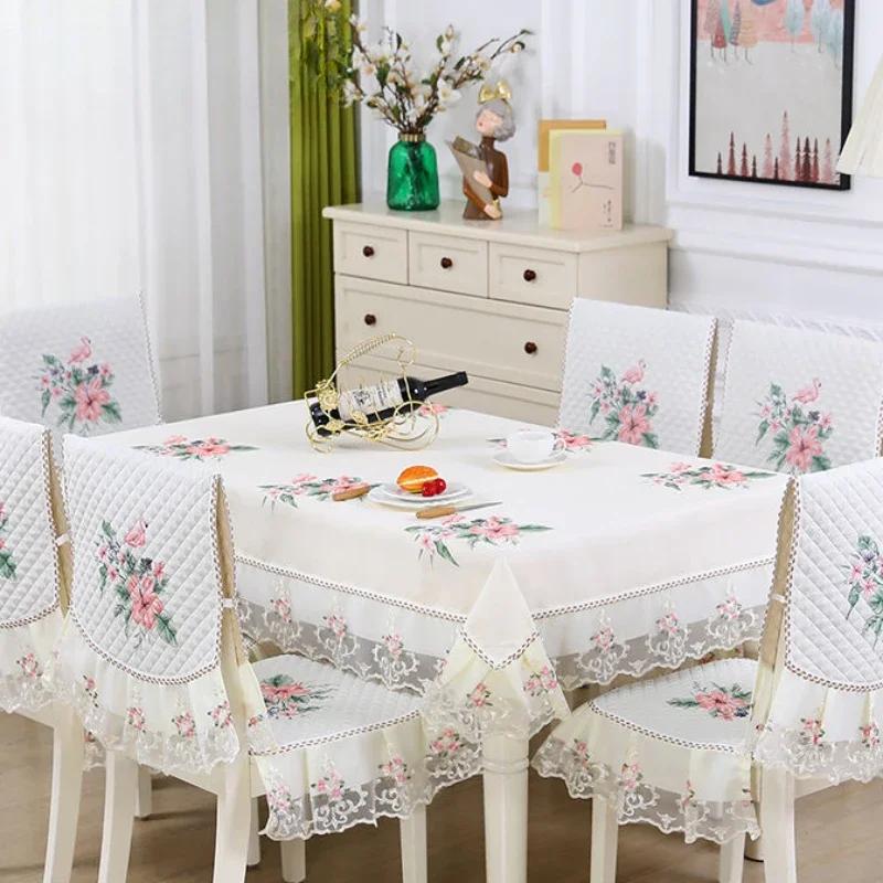 European Style Non Slip Dining Table Fabric Lace Edge Printed Chair Cover Four Seasons Universal Dining Chair Cushion Cover