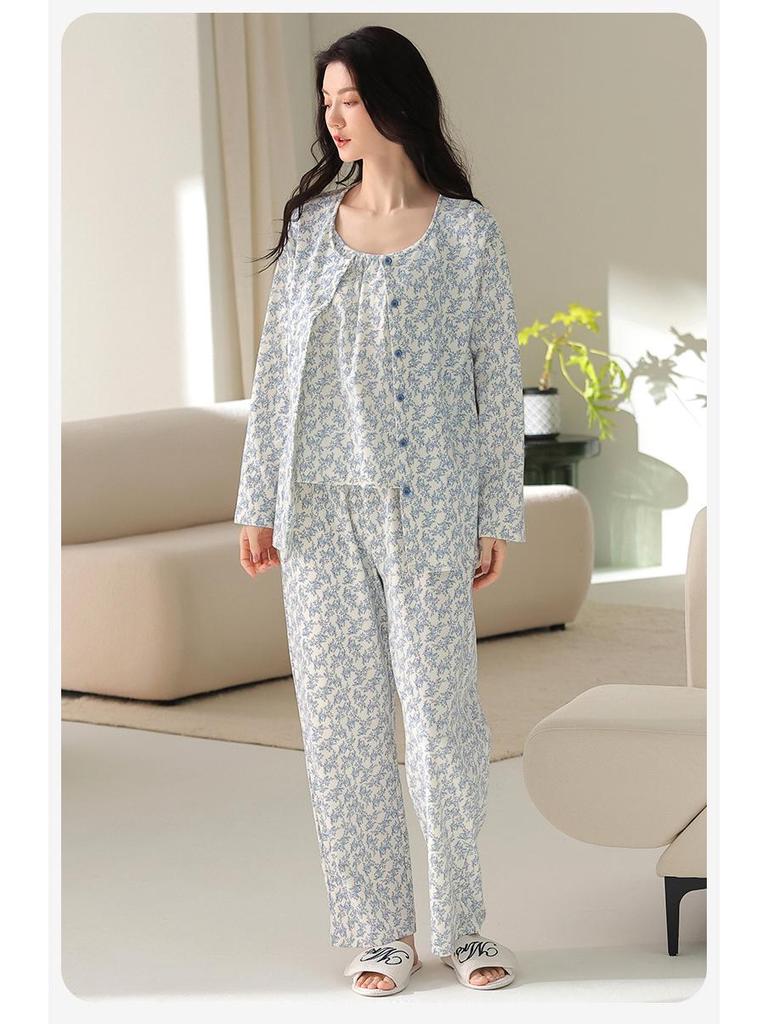 Women's Three-Piece Cotton Pajama Set: Spring Fashion, Printed, Comfortable, Breathable, with Chest Pads, Skin-Friendly.