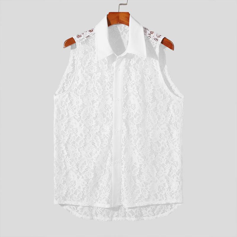 

INCERUN Мужской жилет без рукавов с отложным воротником, кружевные вязаные крючком майки 3XL белый