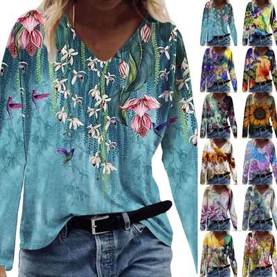 Módní Dámská košile s dlouhým rukávem a dlouhým rukávem Patchwork s retro výstřihem do V