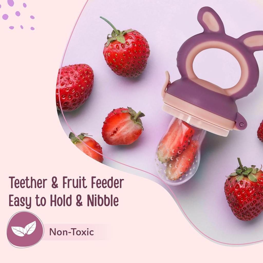 LuvLap Silicone Food Nibbler With Extra Mesh Soft Teether Feeder For Baby Infants Safe BPA Free Bunny Design Violet Pink Pack of 2