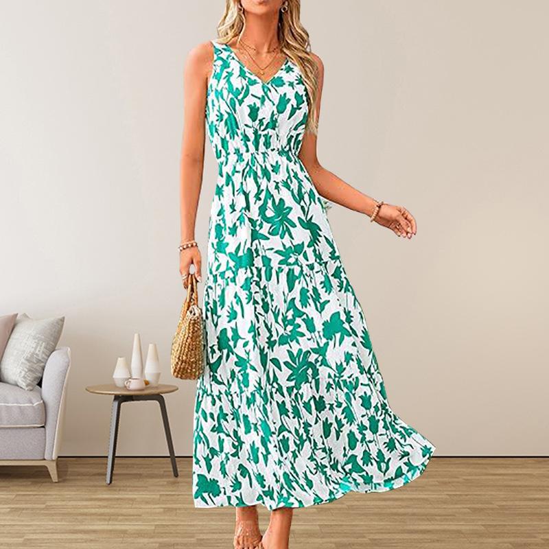 2025 Summer Women's Fashion New V-neck Casual Printed Sleeveless Dress