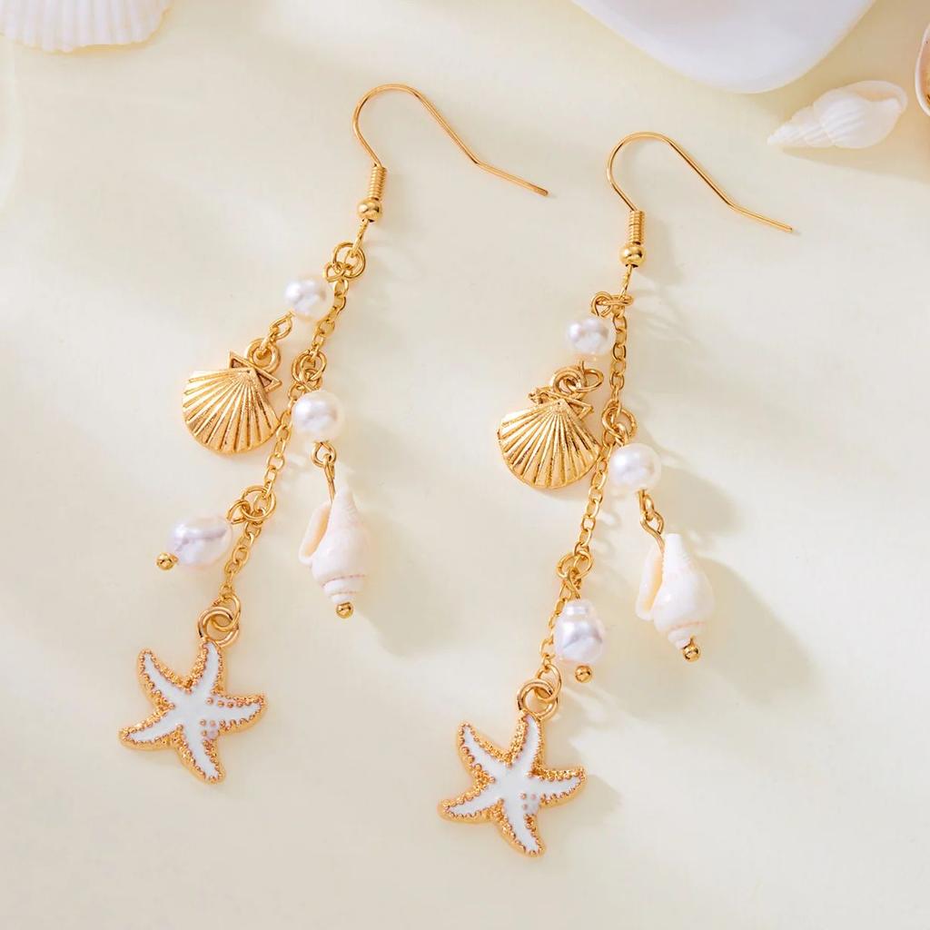 Exquisite Handmade Conch Starfish Pendant Earrings for Women Bohemia Colorful Shell Tassel Earrings Party Jewelry Gifts