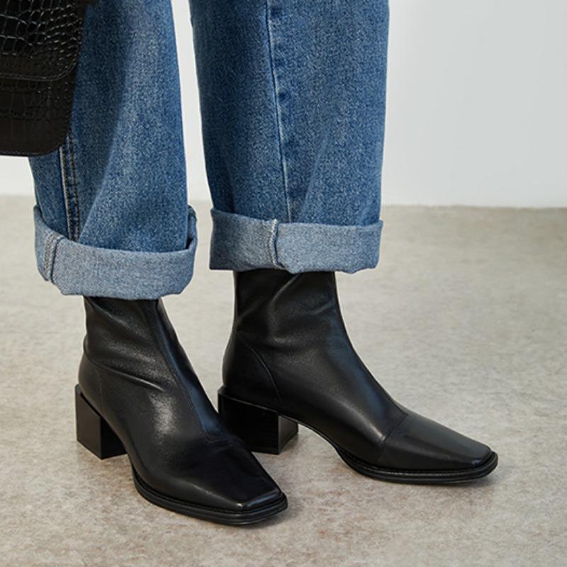 Damen Chelsea Boots Leder Hohe Absätze Winterschuhe Klassiker Chelsea Boots Quadratische Zehenpartie Reißverschluss Prägnant Dating Stiefeletten D485