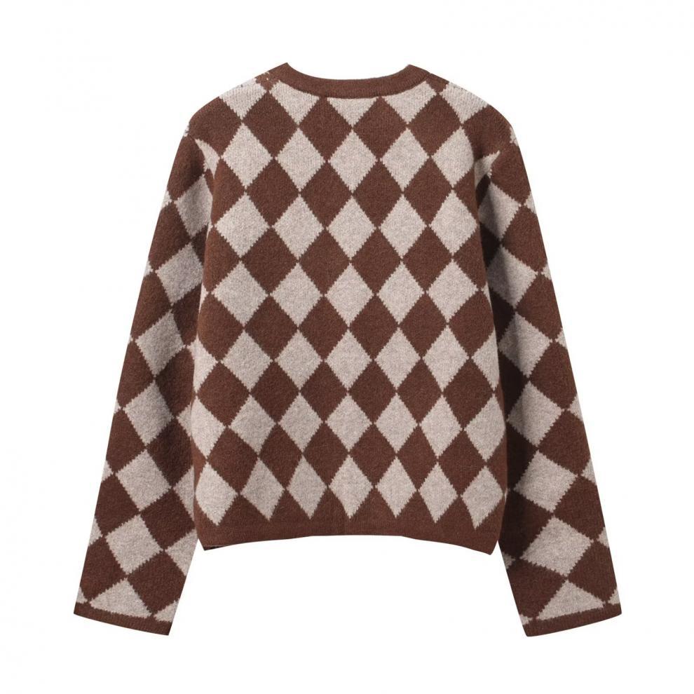  European and American style new women's fashionable versatile cross-border comfortable diamond-patterned jacquard knit jacket