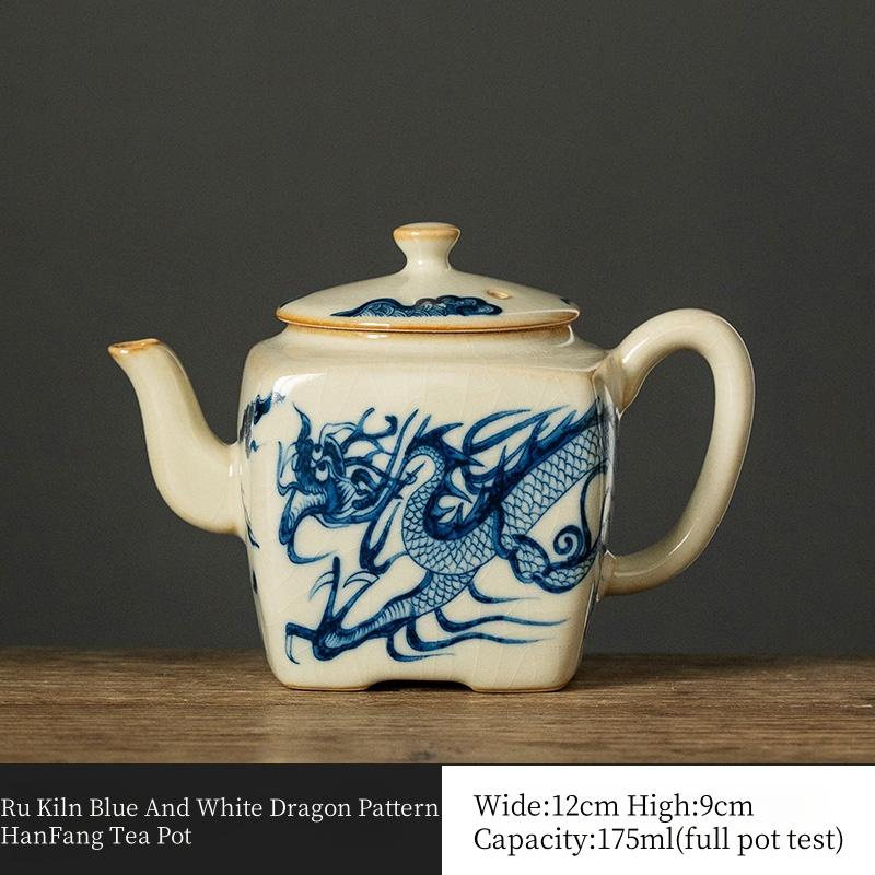 

175ml Traditional Ru Kiln Blue And White Dragon Pattern Square Tea Pot For Brewing Tea High-End Tea Ceremony Kungfu Tea Set