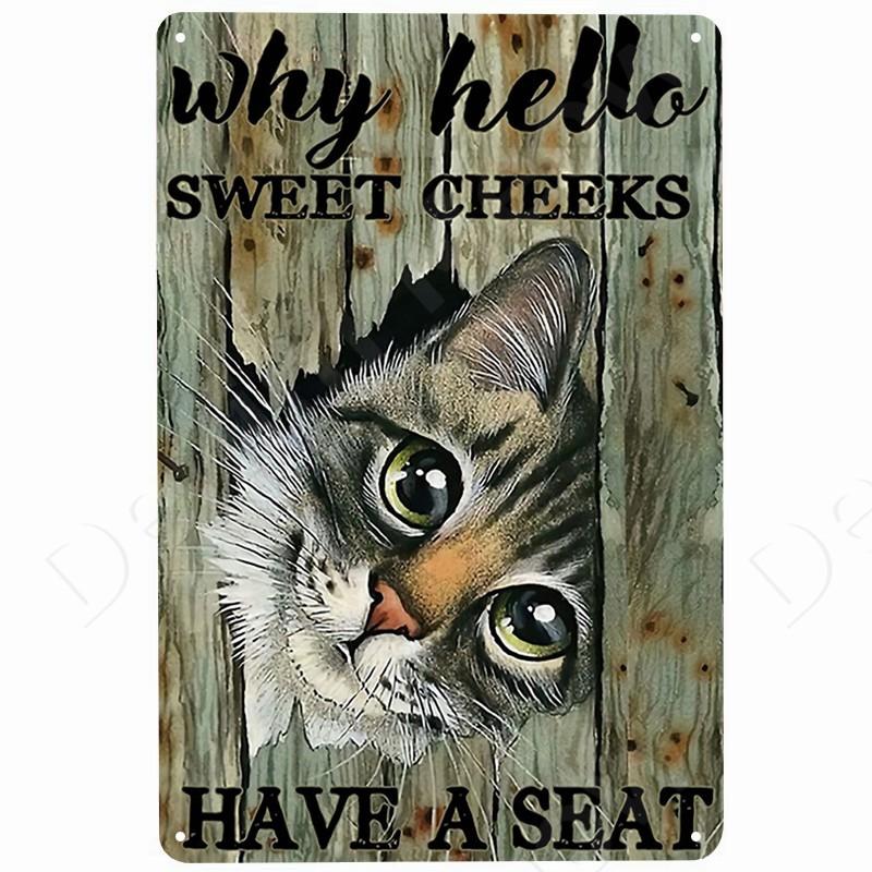 Funny Black Cat Vintage Tin Sign Remember to Wipe Metal Poster Cat Retro Plate Hello Sweet Cheeks Bathroom Decor for Bar Cafe