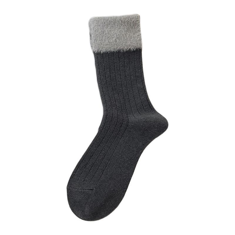 Women's Autumn/Winter Mid-Calf Wool Socks - Color Block Mink Velvet, Plush, Thick, Warm, Retro Stacked Design