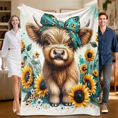 1 Piece Cow with Sunflowers Flannel Blanket, Cozy Style for Sofa, Bed, Office. Ideal Gift for Family, Friends, Holidays.
