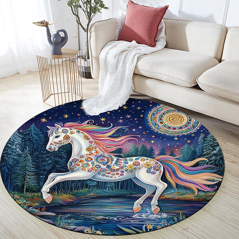 Fantasy Horse Round Area Rug,Carpet Rug for Living Room Bedroom Sofa Playroom Decor,Non-slip Floor Mat