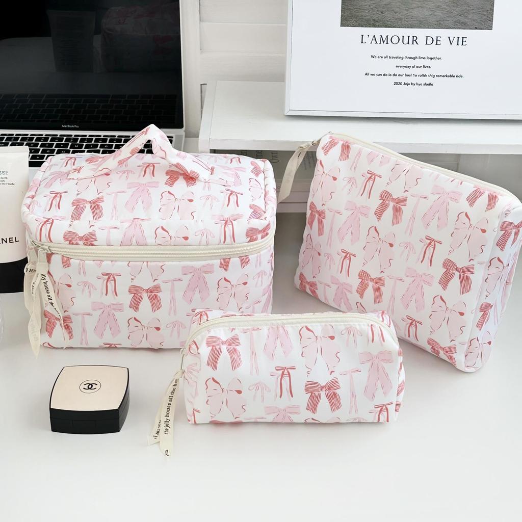 Large Quilted Bow Cosmetic Bag: Women's Portable Toiletry & Skincare Storage for Travel