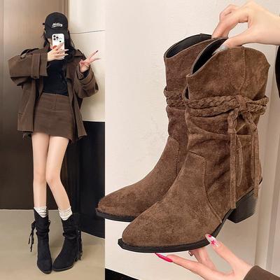 Boots Suede New Tassel Autumn Retro Short Boots Pointed Boots Single Pile Medium Boots Middle Heel 2025 Short Boots Women