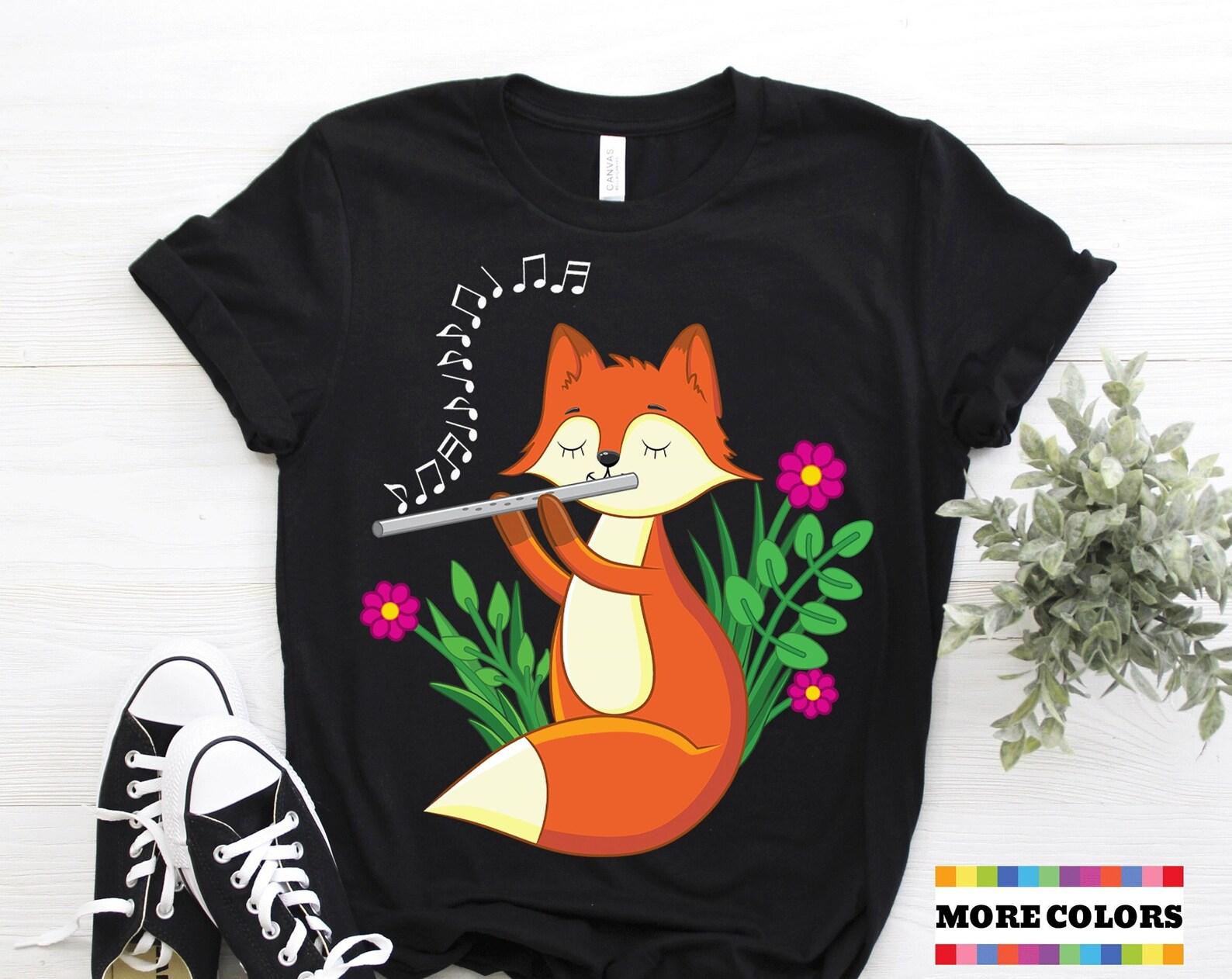 Retro Flute Music Lover T-Shirt, Cool Vintage Flutist Fox, Marching Band Musical Instruts Shirts, Woodwind Orchestra Gift Party Present 100