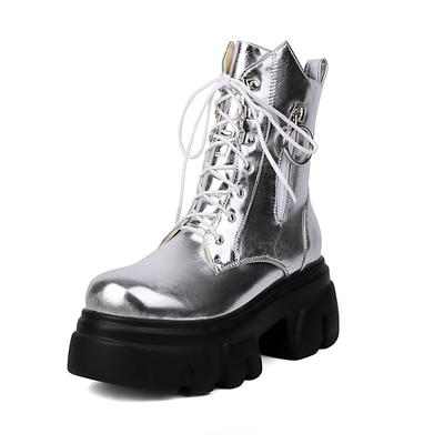 PU Herbst Winterschuhe Flache Plateau Metallnieten Motorradstiefel Runde Zehenpartie Warm halten Schnürstiefeletten Größe 44