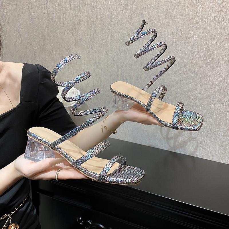 Şeffaf Kalın Topuk Moda Sandalet Kadın Yeni Yılan Şekli Çevre Kadın Sandalet İnce Askılı Slingback Açık Burunlu Sandalet