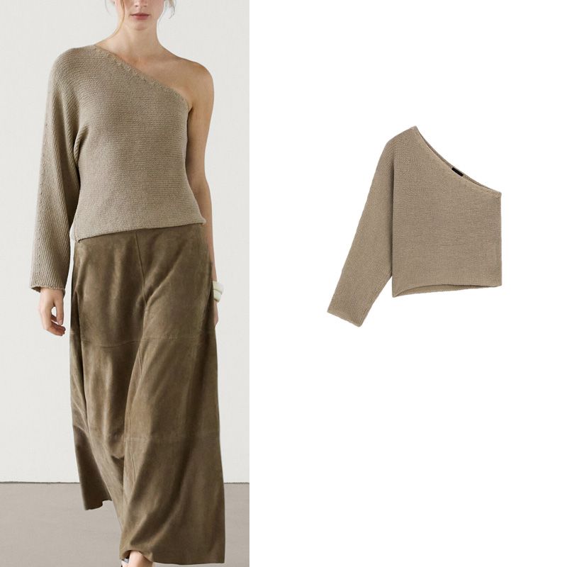 MD Spring New Female Normcore Cold Feeling Asymmetric Design Diagonal Collar Shoulder-Baring Sweater Tops 5712616