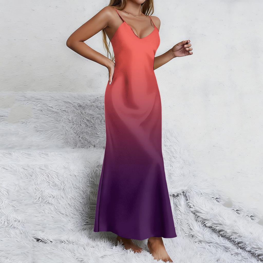 Maxi Abito Smanicato Sfumato con Spalline Sottili Regolabili Scollo a V Casual Vestibilità Larga Estivo Lungo