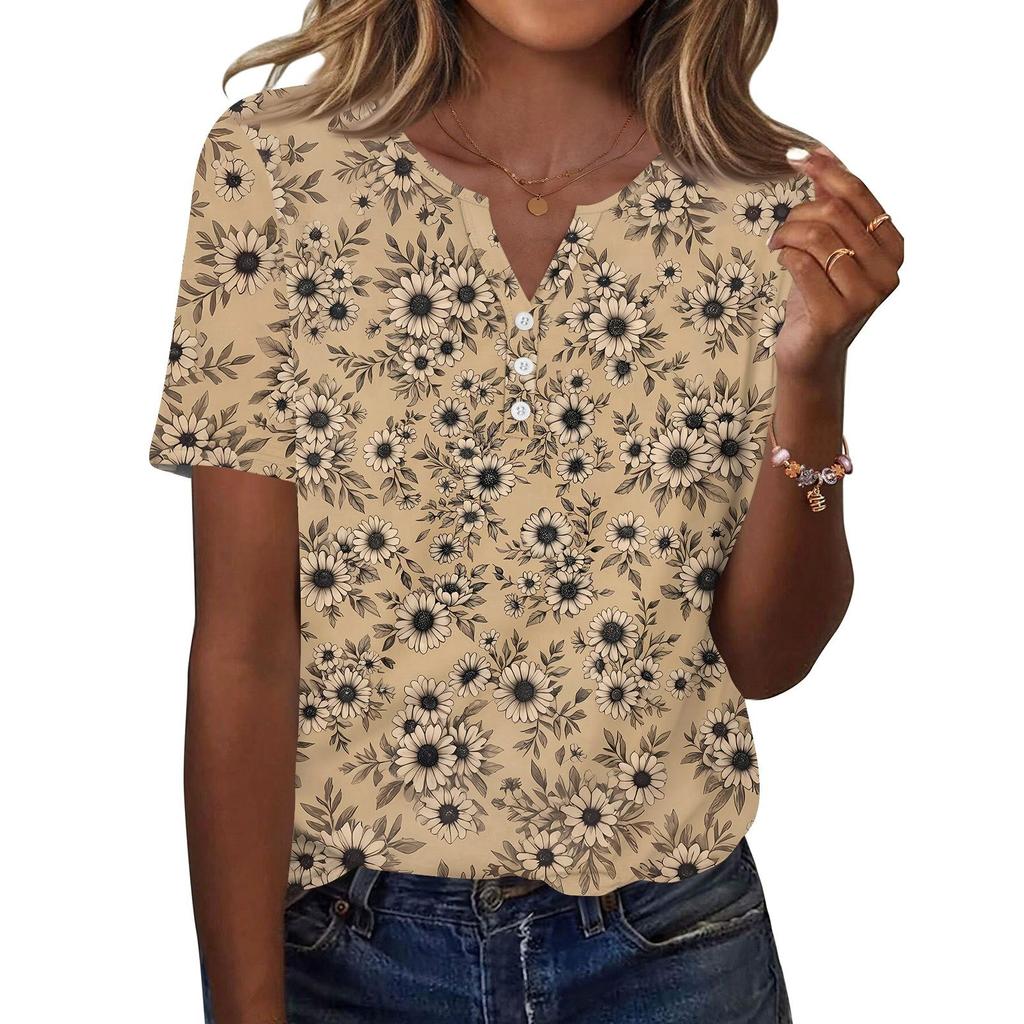 Women's T Shirt Print Button Short Sleeve Daily Weekend Fashion Basic V- Neck Regular Top