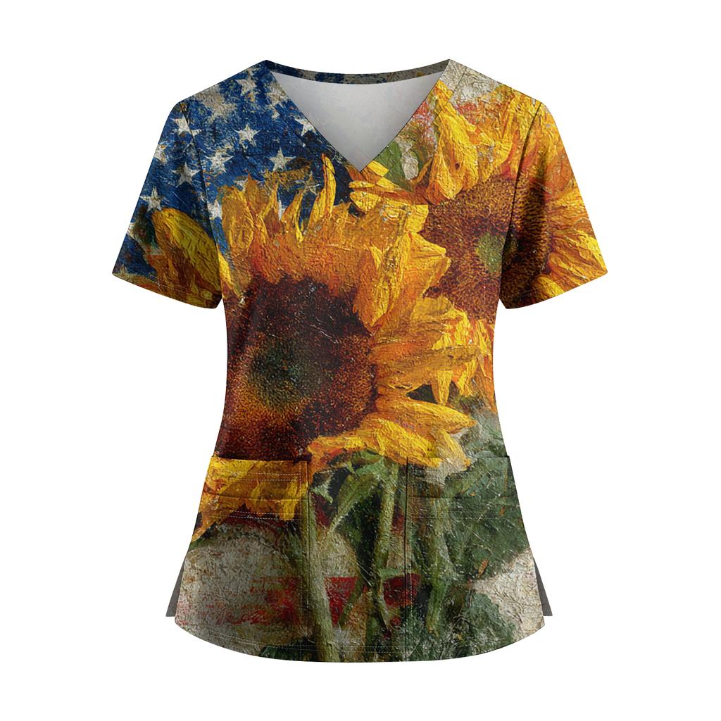 Women's Independence Day Print V-Neck Double Pocket Short Sleeve Uniform with Slit Hem - Caregiver Top