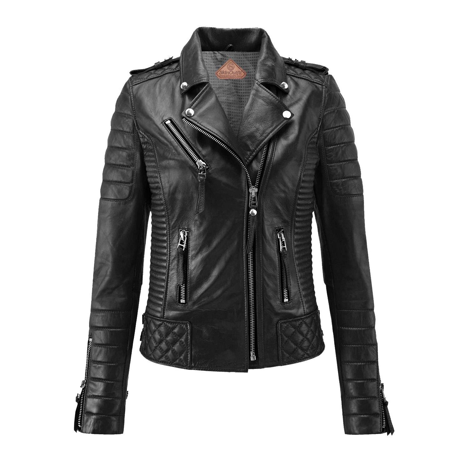 

SKINOUTFIT Women s Motorcycle Leather Jacket Genuine Black Lambskin Cafe Racer Biker Outerwear XXXL чорний